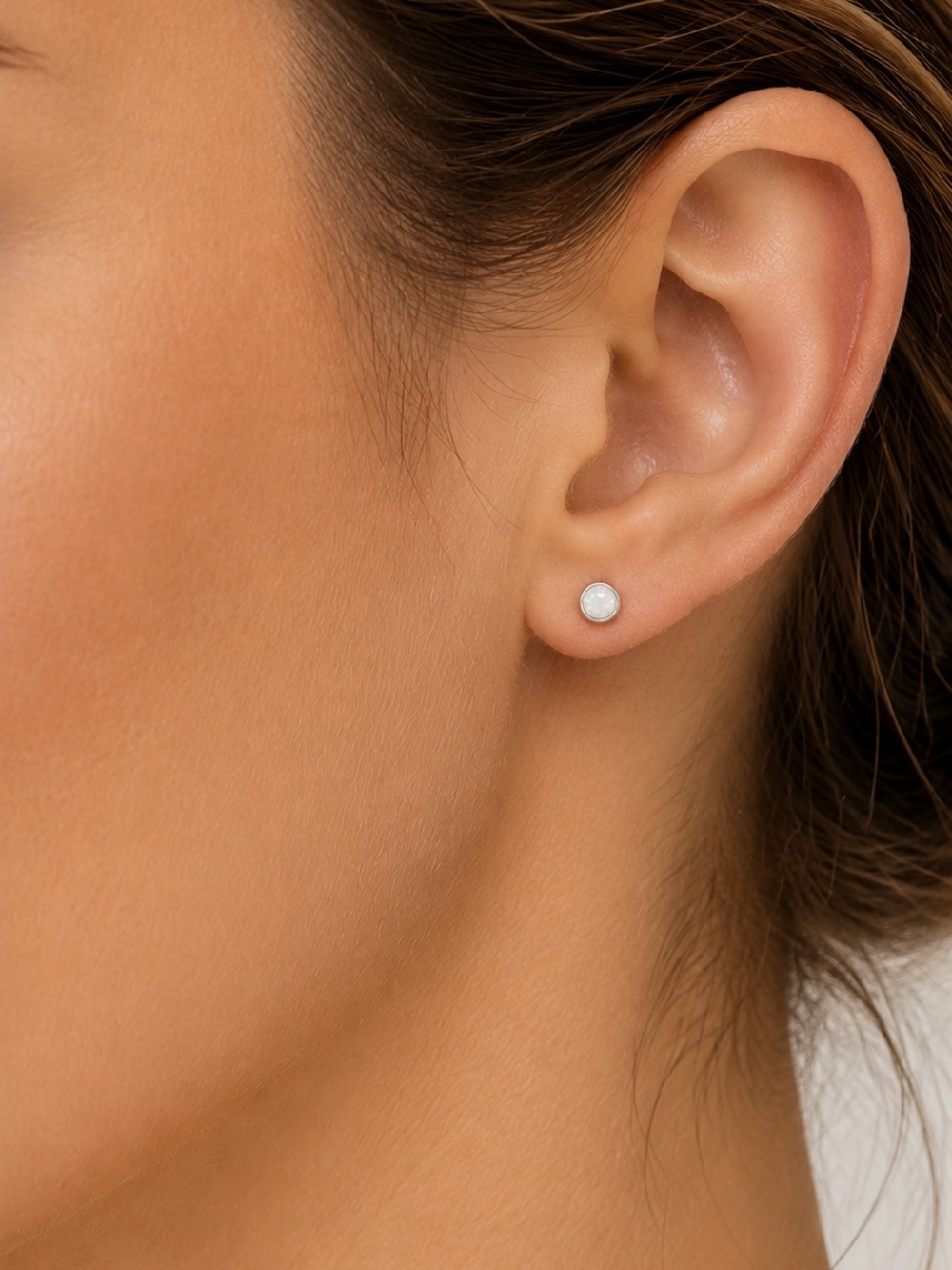 White Opal Flat Back Stud Earrings Stainless Steel 20G 3mm - Picture 2 of 4